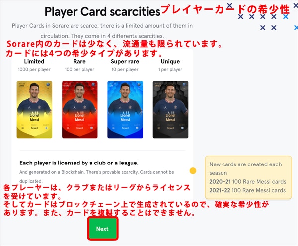 Sorare(ソラーレ)　Sorare(ソラーレ)　 Player card details 日本語訳プレイヤーカードの希少性 日本語訳