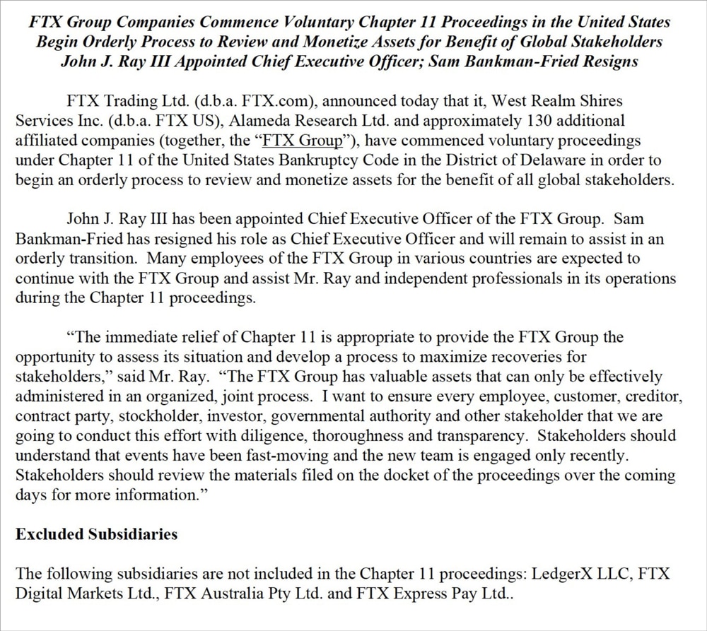 FTXが破産を発表した声明文